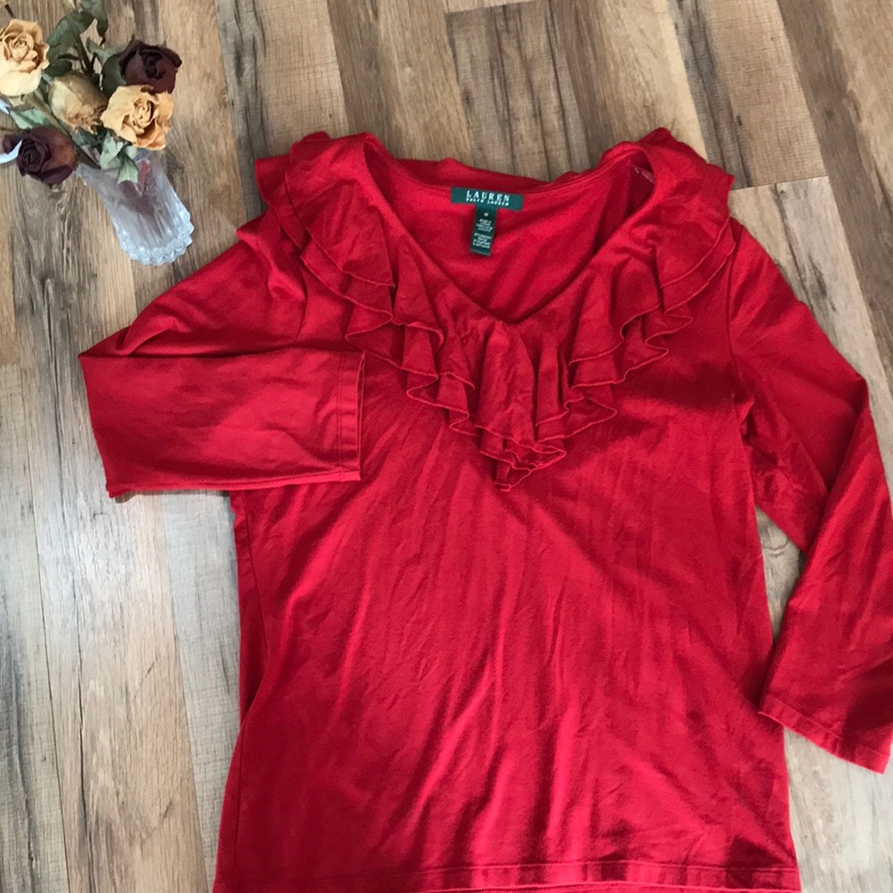 Ralph Lauren Red Ruffle 3/4 Sleeve Shirt Sz M